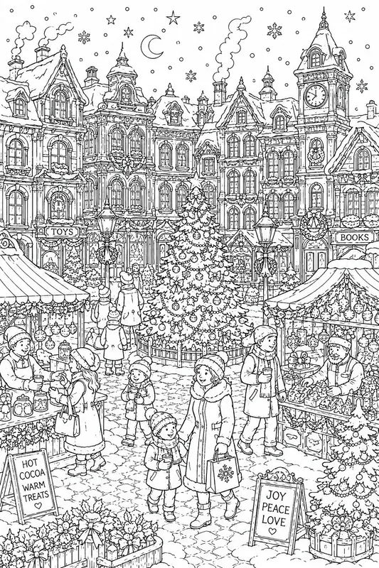 Christmas Village Snow Scenes Line Art