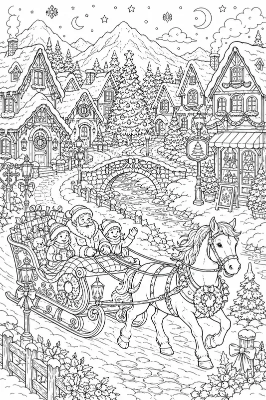 Christmas Village Snow Scenes Line Art