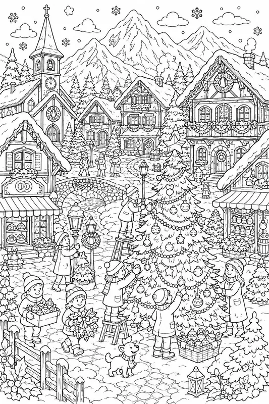 Christmas Village Snow Scenes Line Art