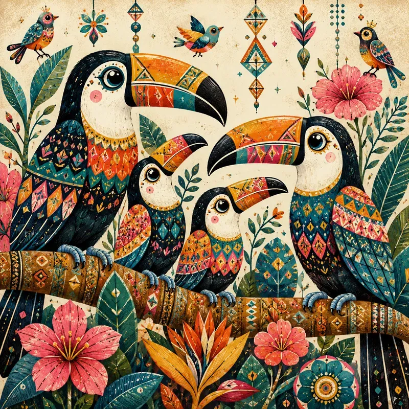 Whimsical Folk Bird Families