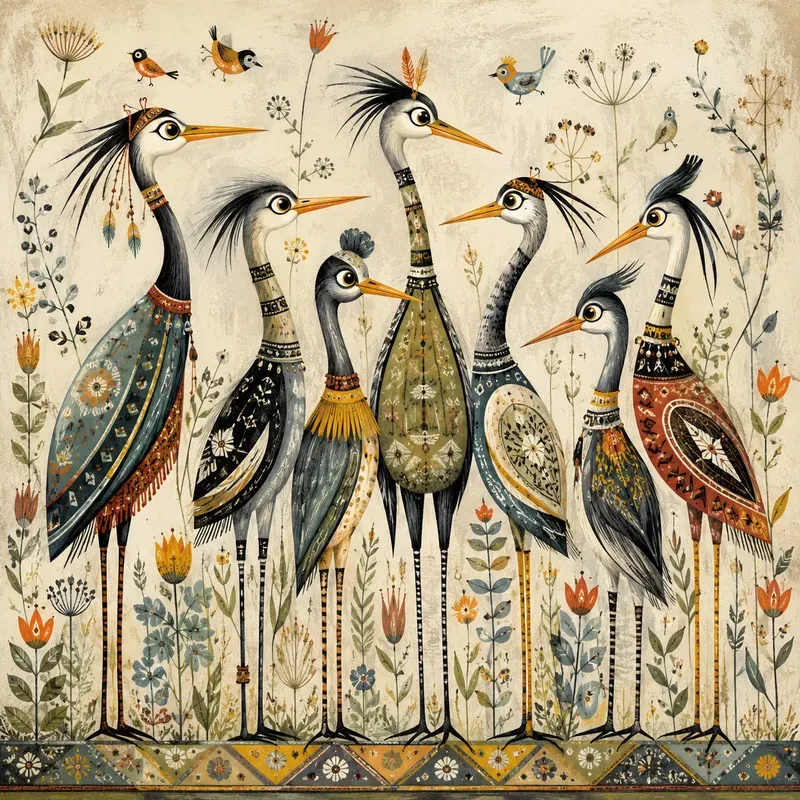 Whimsical Folk Bird Families