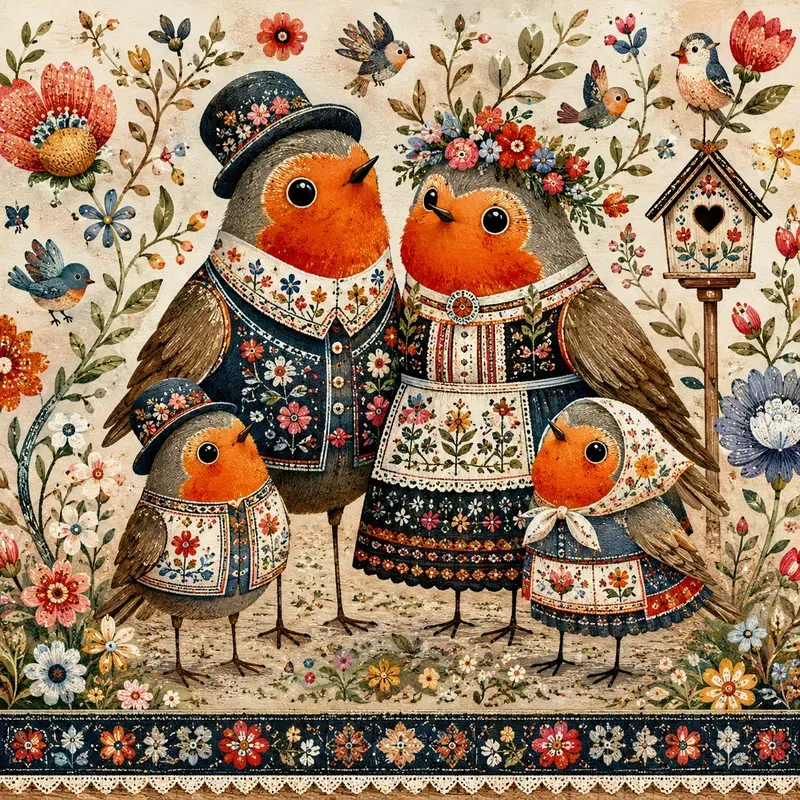 Whimsical Folk Bird Families