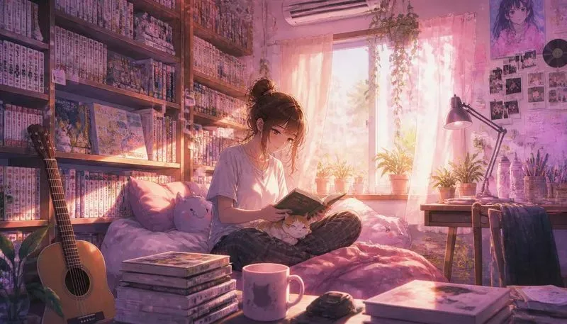 Cozy Anime Bedroom Night Illustrations