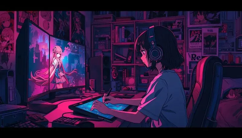 Cozy Anime Bedroom Night Illustrations