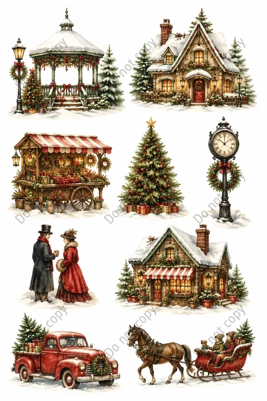 Watercolor Christmas Village Scenes