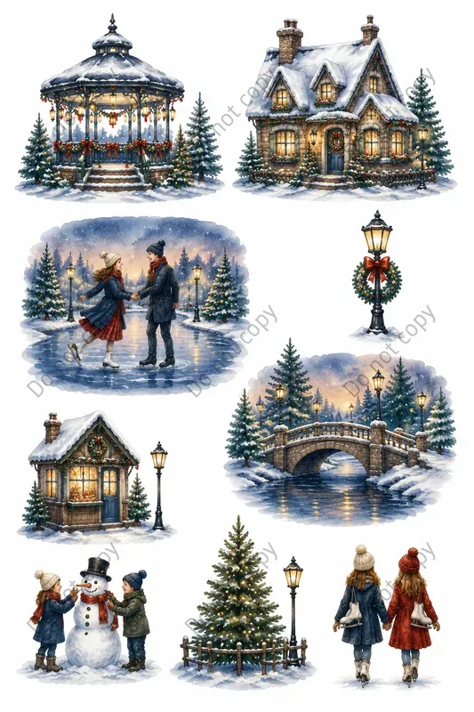 Watercolor Christmas Village Scenes