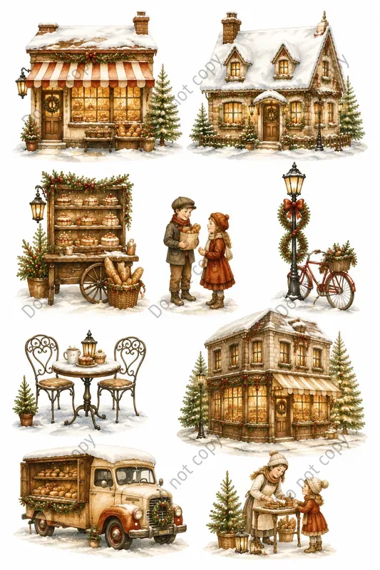 Watercolor Christmas Village Scenes