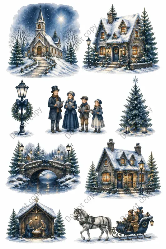 Watercolor Christmas Village Scenes