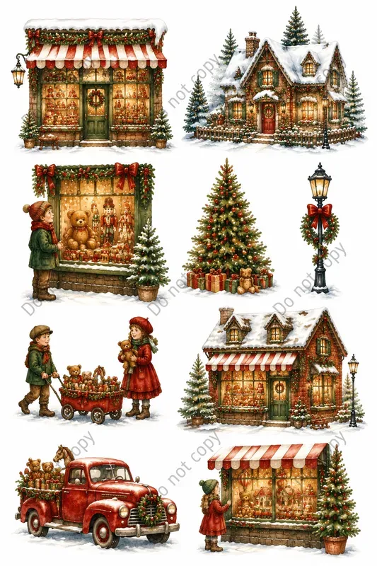 Watercolor Christmas Village Scenes