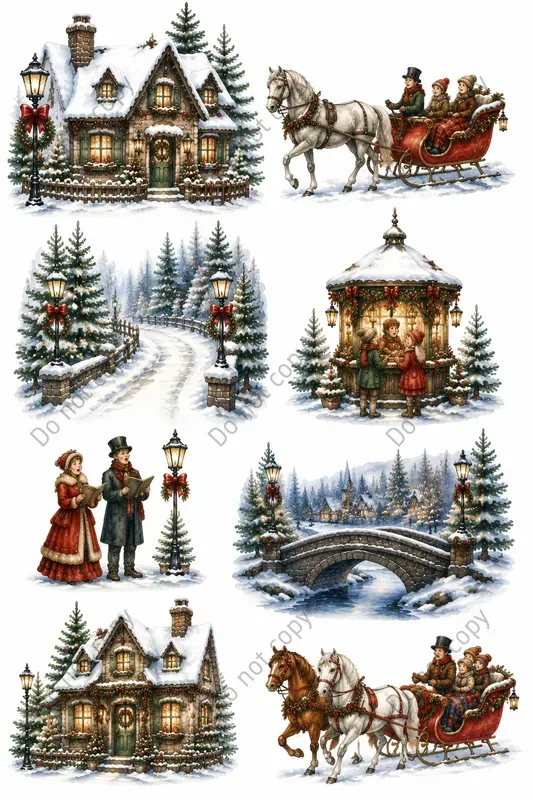 Watercolor Christmas Village Scenes