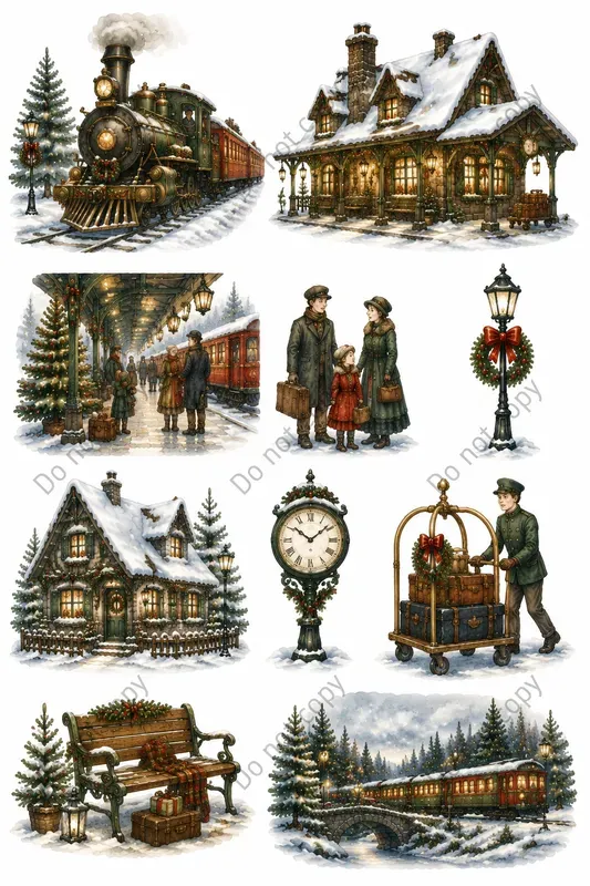 Watercolor Christmas Village Scenes