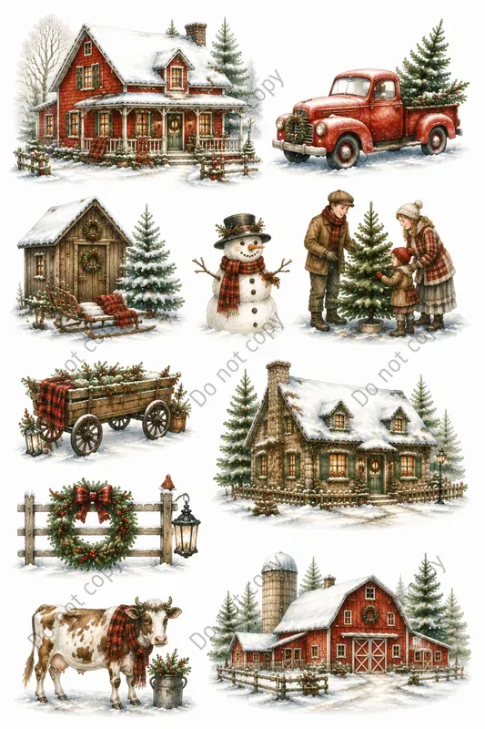 Watercolor Christmas Village Scenes