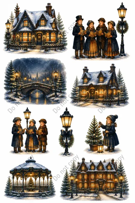 Watercolor Christmas Village Scenes