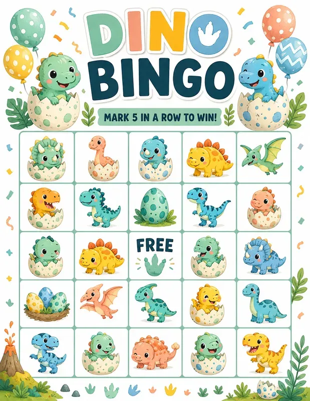 Cute Dino Birthday Bingo Game Printables