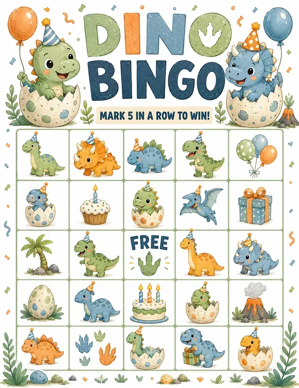 Cute Dino Birthday Bingo Game Printables