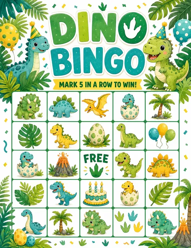 Cute Dino Birthday Bingo Game Printables