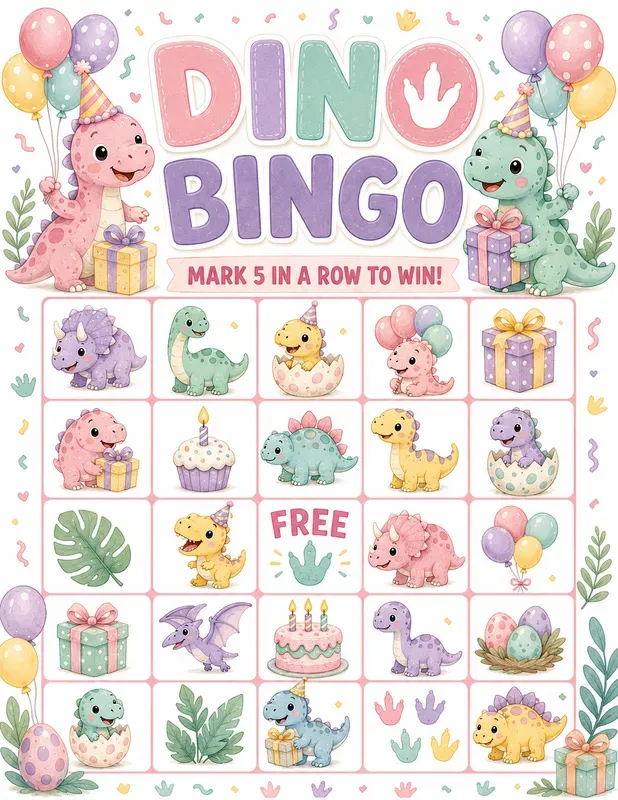 Cute Dino Birthday Bingo Game Printables