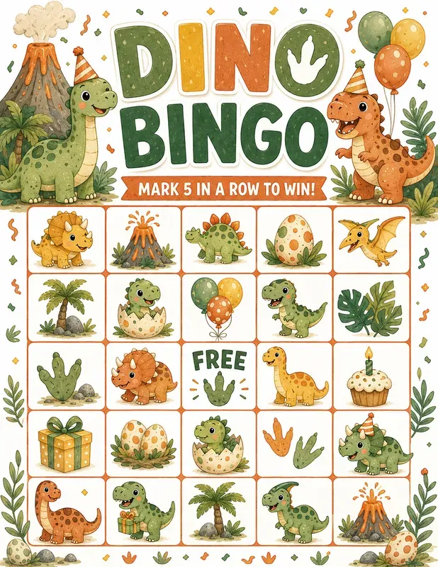 Cute Dino Birthday Bingo Game Printables