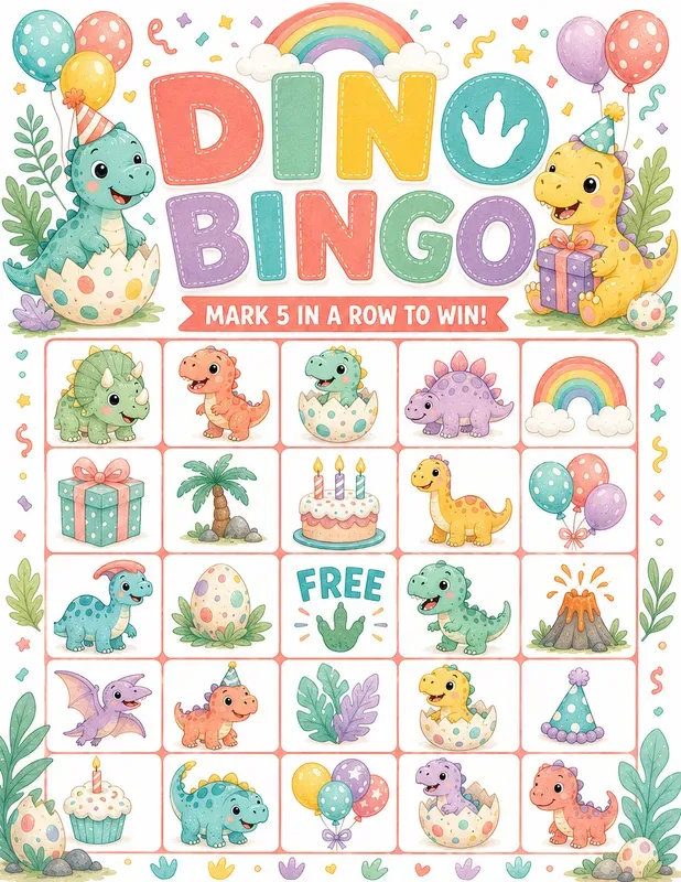 Cute Dino Birthday Bingo Game Printables