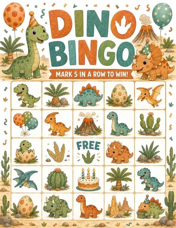 Cute Dino Birthday Bingo Game Printables