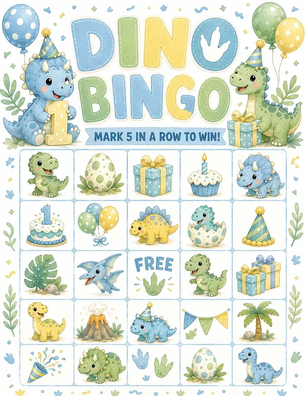 Cute Dino Birthday Bingo Game Printables