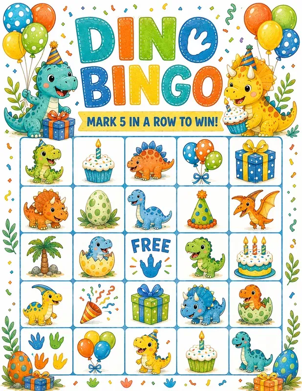 Cute Dino Birthday Bingo Game Printables