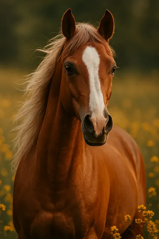 Closeup Horse Portraits In Flower Field