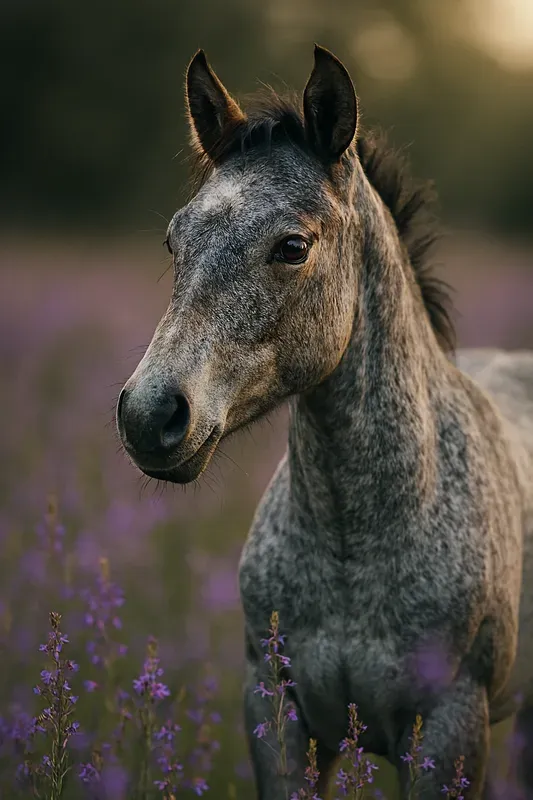Closeup Horse Portraits In Flower Field