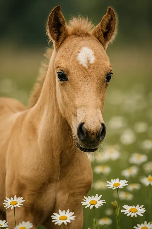 Closeup Horse Portraits In Flower Field
