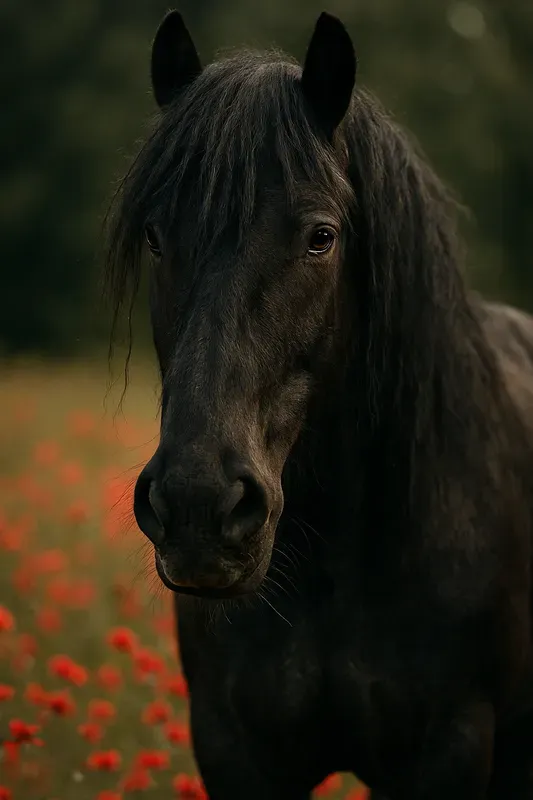 Closeup Horse Portraits In Flower Field