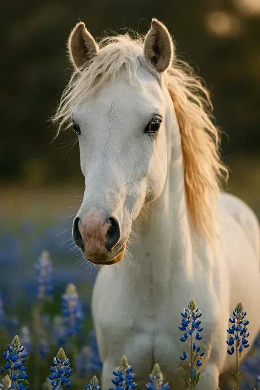 Closeup Horse Portraits In Flower Field