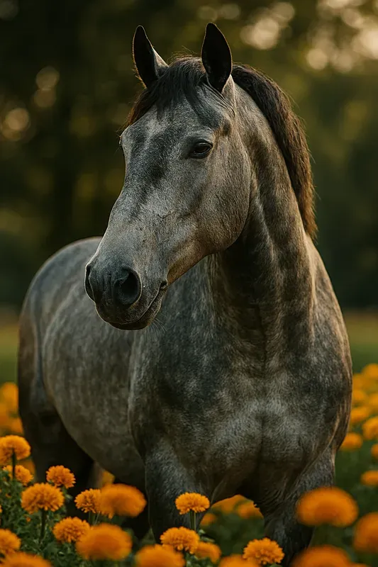 Closeup Horse Portraits In Flower Field