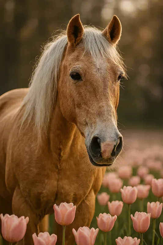 Closeup Horse Portraits In Flower Field