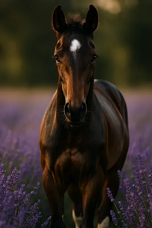 Closeup Horse Portraits In Flower Field
