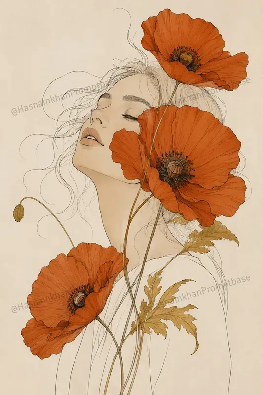 Boho Line Art Woman Floral Portraits