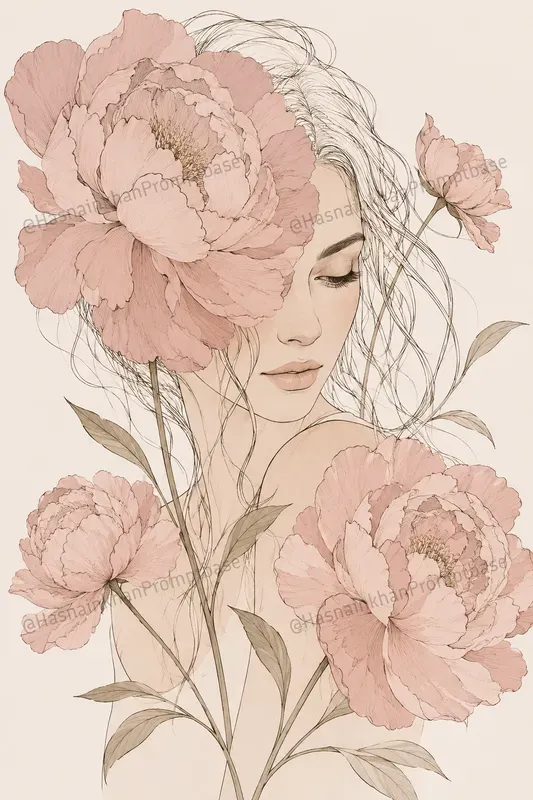 Boho Line Art Woman Floral Portraits