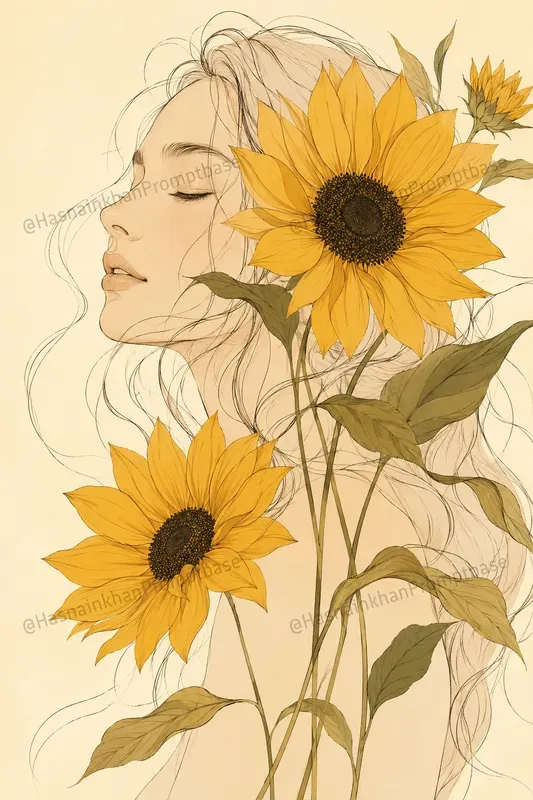 Boho Line Art Woman Floral Portraits