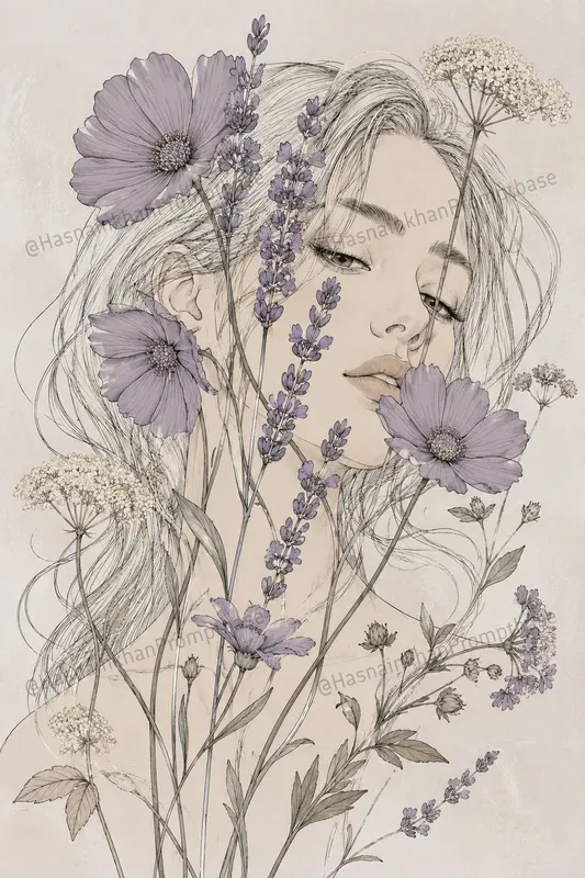 Boho Line Art Woman Floral Portraits