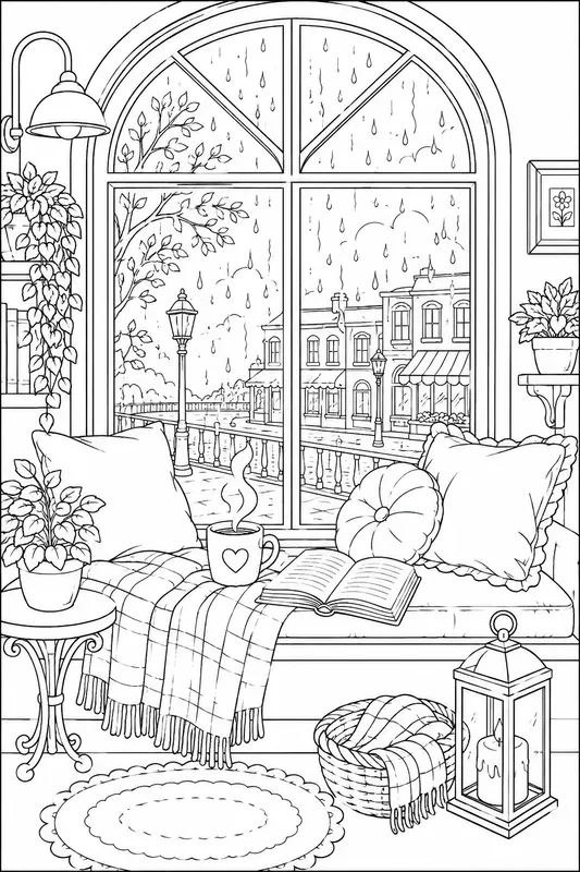 Cozy Rainy Day Windows Line Art