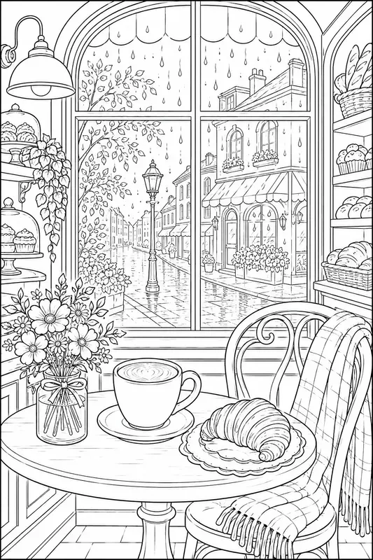 Cozy Rainy Day Windows Line Art