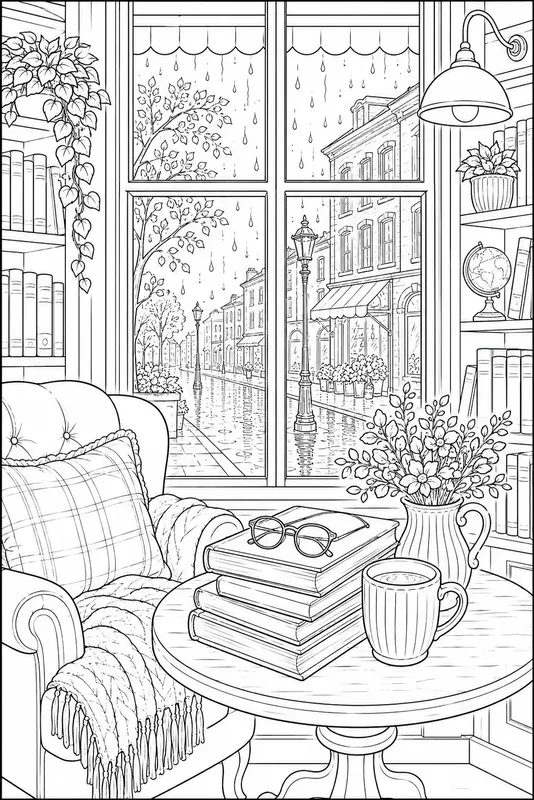 Cozy Rainy Day Windows Line Art
