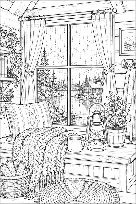 Cozy Rainy Day Windows Line Art