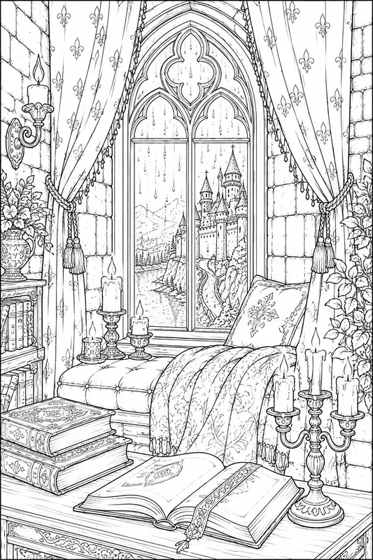 Cozy Rainy Day Windows Line Art