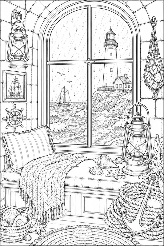 Cozy Rainy Day Windows Line Art