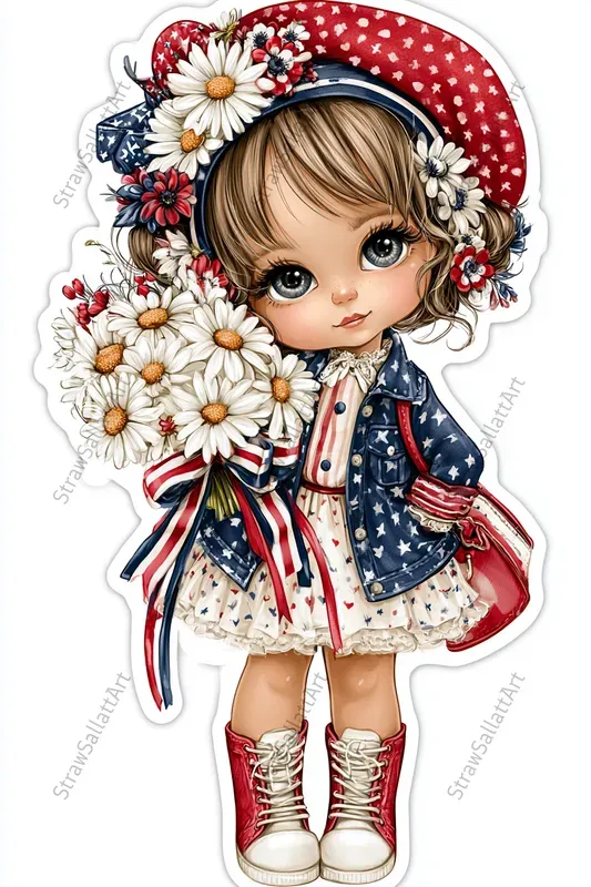 Cute Patriotic Girl Sticker Cliparts