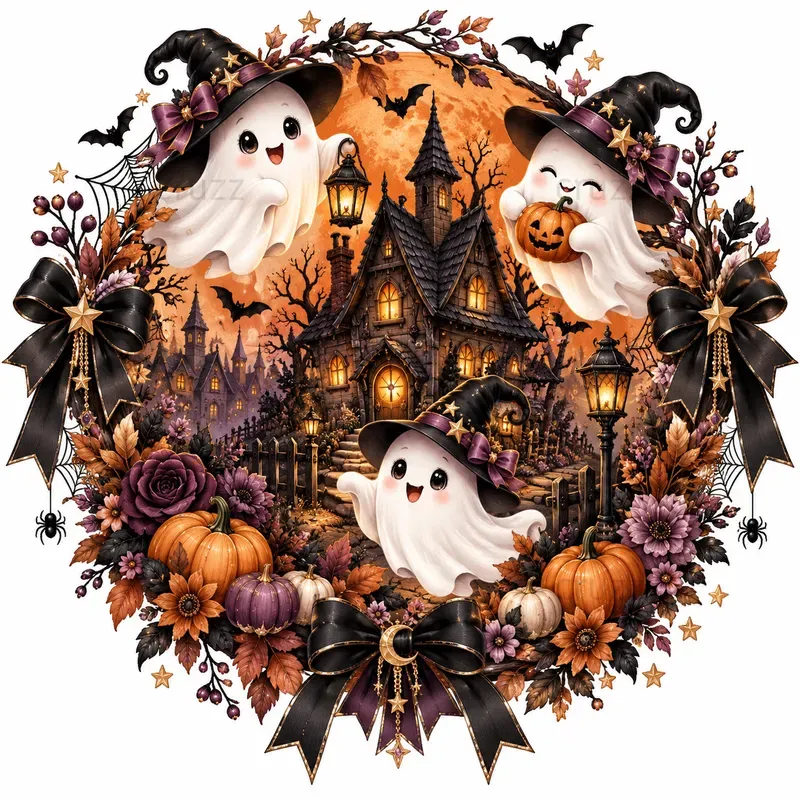 Cute Halloween Ghost Wreaths Clipart