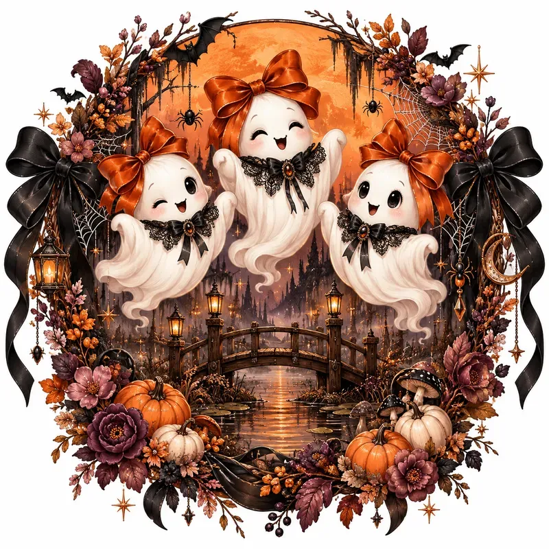 Cute Halloween Ghost Wreaths Clipart