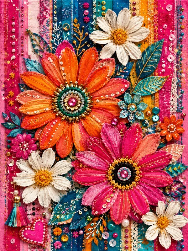 Boho Fabric Floral Mixed Media