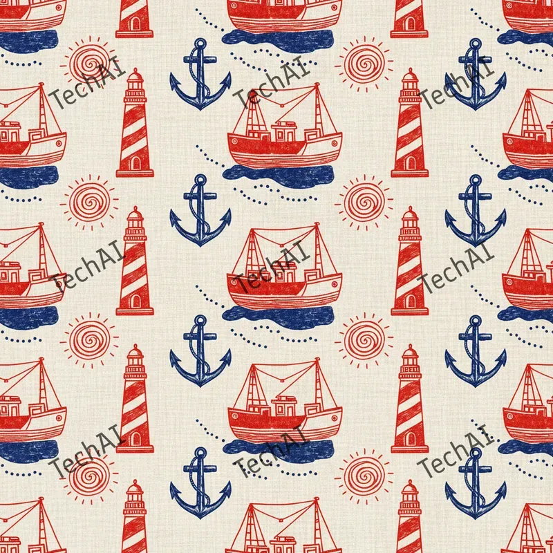 Nautical Red Blue Woodblock Patterns