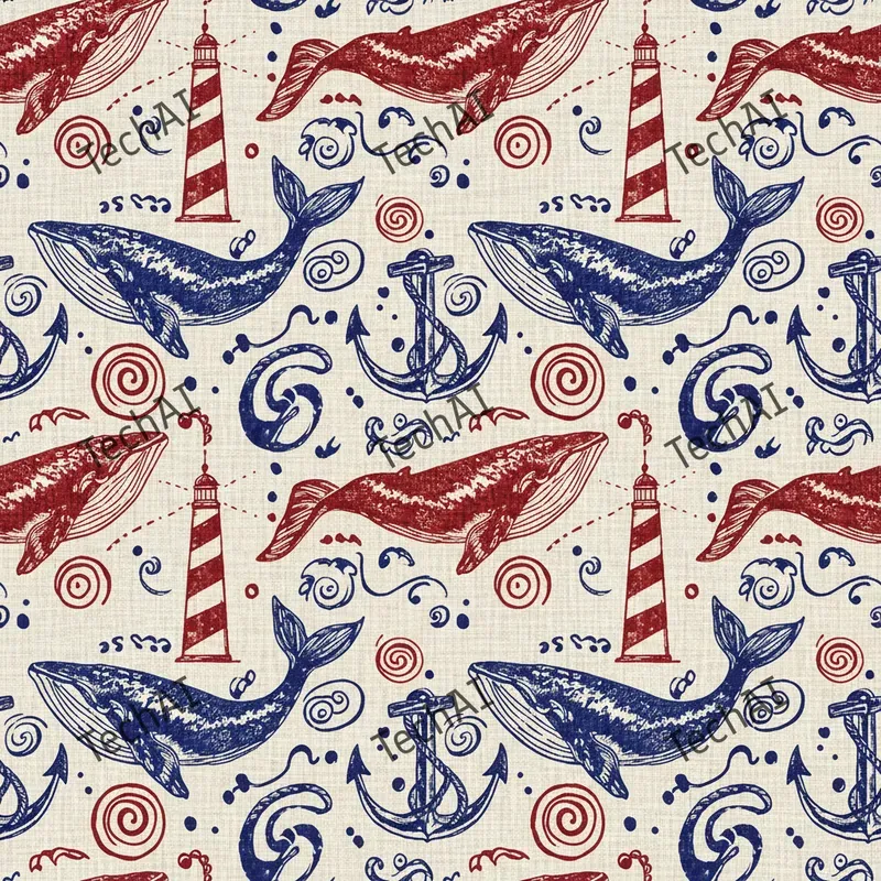Nautical Red Blue Woodblock Patterns